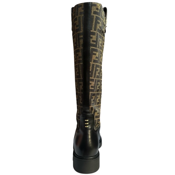 Fendi Filo FF Monogram Canvas and Leather Knee High Boots Black Brown Size 12 - Picture 12 of 16